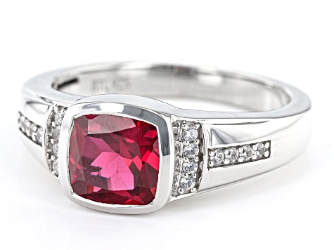 Red Lab Created Ruby With White Zircon Rhodium Over Sterling Silver Men's Ring 2.31ctw