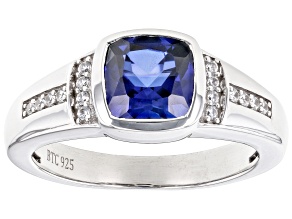 Blue Lab Created Sapphire With White Zircon Rhodium Over Sterling Silver Men's Ring 2.09ctw