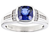 Blue Lab Created Sapphire With White Zircon Rhodium Over Sterling Silver Men's Ring 2.09ctw