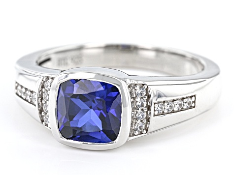 Blue Lab Created Sapphire With White Zircon Rhodium Over Sterling Silver Men's Ring 2.09ctw