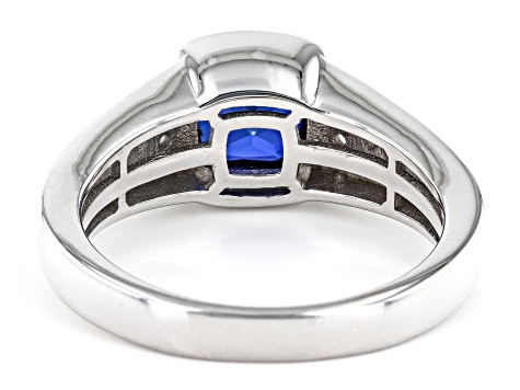 Blue Lab Created Sapphire With White Zircon Rhodium Over Sterling Silver Men's Ring 2.09ctw