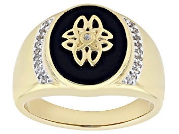 Picture of Black Onyx Inlay with White Zircon 18k Yellow Gold Over Sterling Silver Men's Ring .18ctw