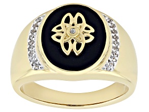 Black Onyx Inlay with White Zircon 18k Yellow Gold Over Sterling Silver Men's Ring .18ctw