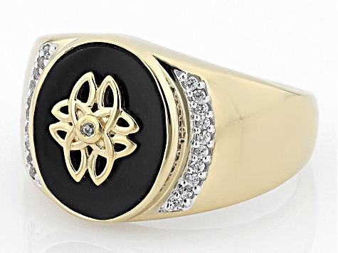Black Onyx Inlay with White Zircon 18k Yellow Gold Over Sterling Silver Men's Ring .18ctw