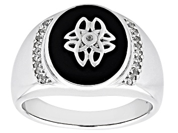 Picture of Black Onyx Inlay With White Zircon Rhodium Over Sterling Silver Men's Ring .18ctw