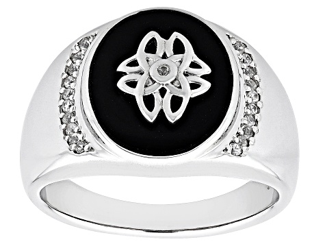 Black Onyx Inlay With White Zircon Rhodium Over Sterling Silver Men's Ring .18ctw