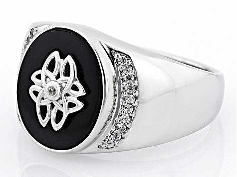 Black Onyx Inlay With White Zircon Rhodium Over Sterling Silver Men's Ring .18ctw