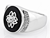 Black Onyx Inlay With White Zircon Rhodium Over Sterling Silver Men's Ring .18ctw