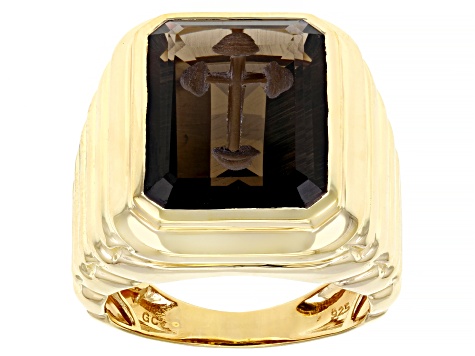 Brown Smoky Quartz 18k Yellow Gold Over Sterling Silver Men's Ring 10.35ct