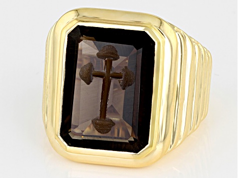 Brown Smoky Quartz 18k Yellow Gold Over Sterling Silver Men's Ring 10.35ct