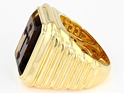 Brown Smoky Quartz 18k Yellow Gold Over Sterling Silver Men's Ring 10.35ct