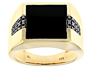 Black Onyx Inlay 18k Yellow Gold Over Sterling Silver Men's Signet Ring 0.23ctw