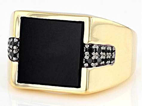 Black Onyx Inlay 18k Yellow Gold Over Sterling Silver Men's Signet Ring 0.23ctw