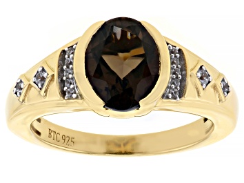 Picture of Brown Smoky Quartz with White Zircon 18k Yellow Gold Over Sterling Silver Men's Ring 2.18ctw