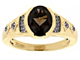 Brown Smoky Quartz with White Zircon 18k Yellow Gold Over Sterling Silver Men's Ring 2.18ctw