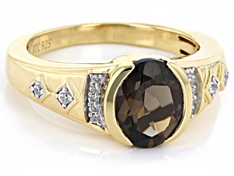 Brown Smoky Quartz with White Zircon 18k Yellow Gold Over Sterling Silver Men's Ring 2.18ctw