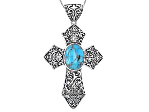 Blue Composite Turquoise Sterling Silver Men's Cross Pendant with Chain