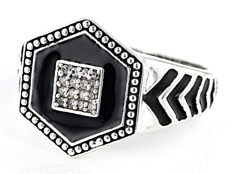 White Zircon With Black Enamel Rhodium Over Sterling Silver Men's Ring .10ctw