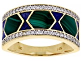 Malachite With Lapis Lazuli Inlay & White Zircon 18k Yellow Gold Over Silver Men's Ring .47ctw