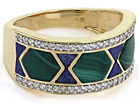 Malachite With Lapis Lazuli Inlay & White Zircon 18k Yellow Gold Over Silver Men's Ring .47ctw