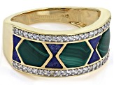 Malachite With Lapis Lazuli Inlay & White Zircon 18k Yellow Gold Over Silver Men's Ring .47ctw