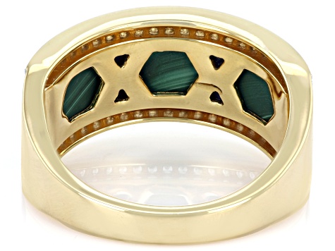 Malachite With Lapis Lazuli Inlay & White Zircon 18k Yellow Gold Over Silver Men's Ring .47ctw