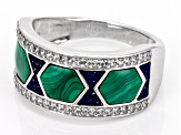 Malachite With Lapis Lazuli Inlay & White Zircon Rhodium Over Silver Men's Ring 0.45ctw