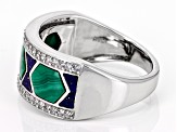 Malachite With Lapis Lazuli Inlay & White Zircon Rhodium Over Silver Men's Ring 0.45ctw