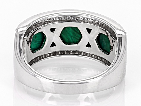 Malachite With Lapis Lazuli Inlay & White Zircon Rhodium Over Silver Men's Ring 0.45ctw