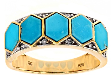 Picture of Blue Kingman Turquoise Inlay With White Zircon 18k Yellow Gold Over Silver Men's Ring 0.12ctw