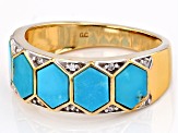 Blue Kingman Turquoise Inlay With White Zircon 18k Yellow Gold Over Silver Men's Ring 0.12ctw