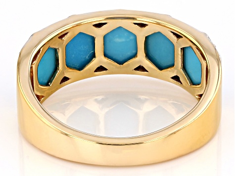 Blue Kingman Turquoise Inlay With White Zircon 18k Yellow Gold Over Silver Men's Ring 0.12ctw