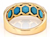 Blue Kingman Turquoise Inlay With White Zircon 18k Yellow Gold Over Silver Men's Ring 0.12ctw