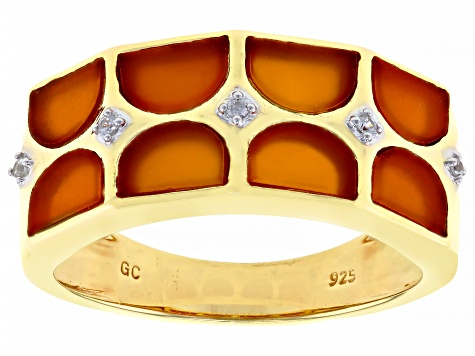 Red Onyx Inlay with White Zircon 18k Yellow Gold Over Sterling Silver Men's Ring .54ctw