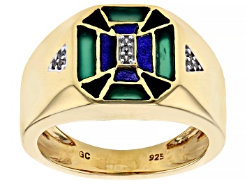 Picture of Green Onyx, Lapis & Black Onyx Inlay with White Zircon 18k Yellow Gold Over Silver Men's Ring .06ctw