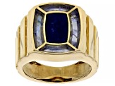 Blue Lapis Lazuli & Rainbow Moonstone Inlay 18k Yellow Gold Over Sterling Silver Men's Ring