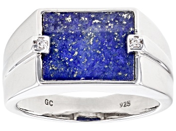 Picture of Blue Lapis Lazuli Inlay with White Zircon Rhodium Over Sterling Silver Men's Ring .02ctw