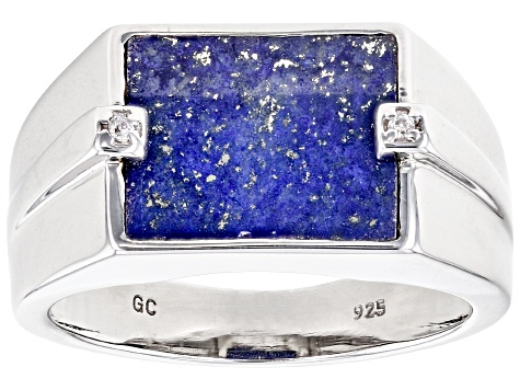 Blue Lapis Lazuli Inlay with White Zircon Rhodium Over Sterling Silver Men's Ring .02ctw