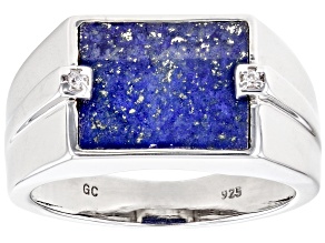 Blue Lapis Lazuli Inlay with White Zircon Rhodium Over Sterling Silver Men's Ring .02ctw