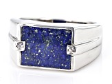 Blue Lapis Lazuli Inlay with White Zircon Rhodium Over Sterling Silver Men's Ring .02ctw