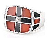 Red & Black Onyx Inlay With White Zircon Rhodium Over Sterling Silver Men's Ring .03ctw