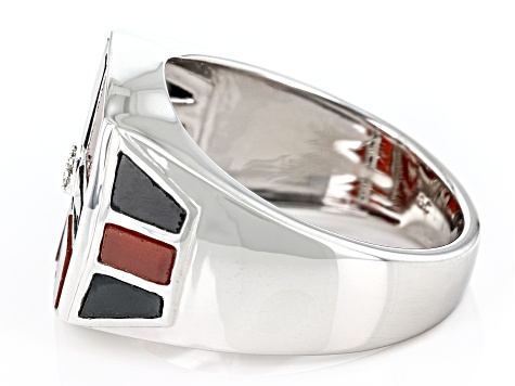 Red & Black Onyx Inlay With White Zircon Rhodium Over Sterling Silver Men's Ring .03ctw