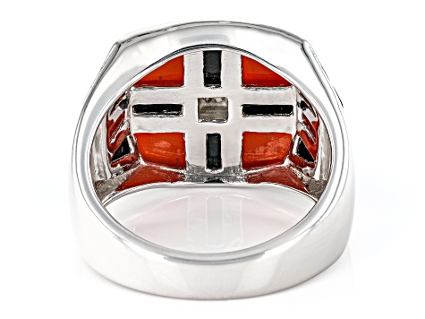 Red & Black Onyx Inlay With White Zircon Rhodium Over Sterling Silver Men's Ring .03ctw