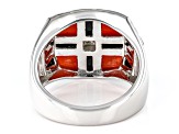 Red & Black Onyx Inlay With White Zircon Rhodium Over Sterling Silver Men's Ring .03ctw