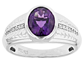 Purple African Amethyst With White Zircon Rhodium Over Sterling Silver Men's Ring 2.14ctw