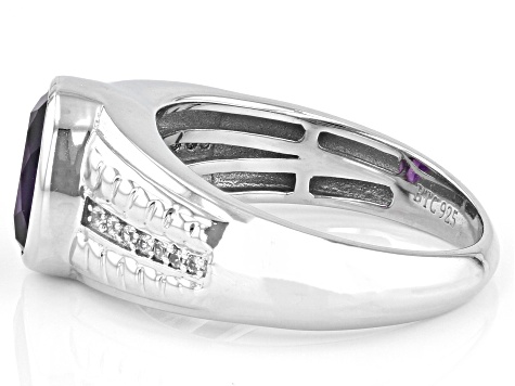 Purple African Amethyst With White Zircon Rhodium Over Sterling Silver Men's Ring 2.14ctw