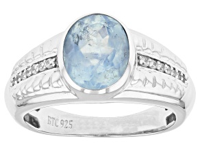Blue Aquamarine With White Zircon Rhodium Over Sterling Silver Men's Ring 2.23ctw