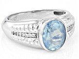 Blue Aquamarine With White Zircon Rhodium Over Sterling Silver Men's Ring 2.23ctw