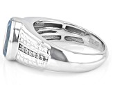 Blue Aquamarine With White Zircon Rhodium Over Sterling Silver Men's Ring 2.23ctw