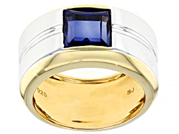 Picture of Blue Lab Sapphire Rhodium & 18k Yellow Gold Over Sterling Silver Two-Tone Men's Ring 1.98ct